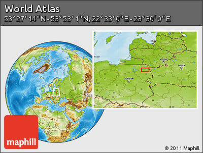 Physical Location Map of the Area around 53° 40' 8" N, 23° 1' 29" E