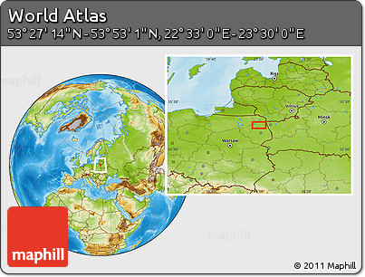 Physical Location Map of the Area around 53° 40' 8" N, 23° 1' 29" E