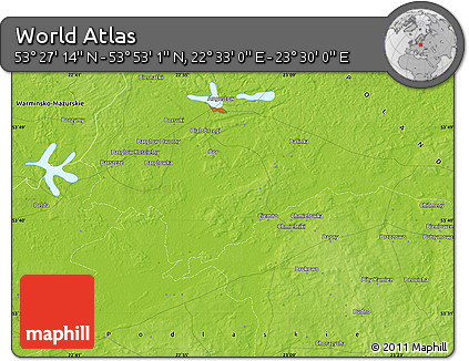 Physical Map of the Area around 53° 40' 8" N, 23° 1' 29" E