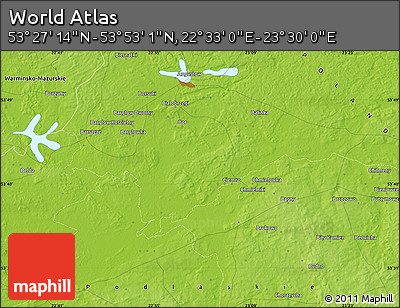 Physical Map of the Area around 53° 40' 8" N, 23° 1' 29" E