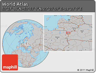 Gray Location Map of the Area around 53° 40' 8" N, 23° 52' 30" E