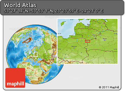 Physical Location Map of the Area around 53° 40' 8" N, 23° 52' 30" E