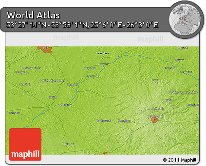 Physical 3D Map of the Area around 53° 40' 8" N, 25° 34' 30" E