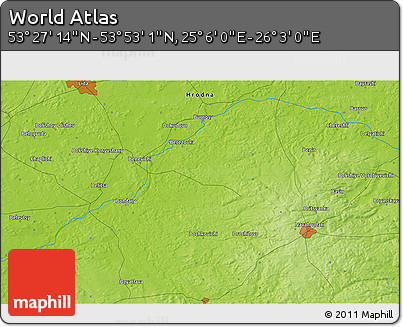 Physical 3D Map of the Area around 53° 40' 8" N, 25° 34' 30" E
