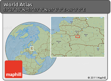 Savanna Style Location Map of the Area around 53° 40' 8" N, 25° 34' 30" E, hill shading
