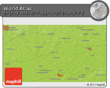 Physical 3D Map of the Area around 53° 40' 8" N, 28° 7' 30" E