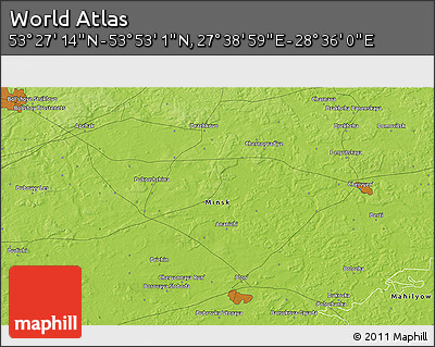 Physical 3D Map of the Area around 53° 40' 8" N, 28° 7' 30" E