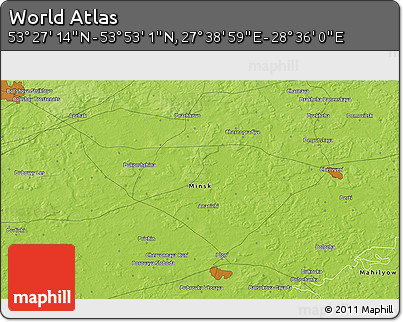 Physical 3D Map of the Area around 53° 40' 8" N, 28° 7' 30" E