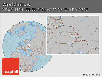 Gray Location Map of the Area around 53° 40' 8" N, 30° 40' 29" E, hill shading