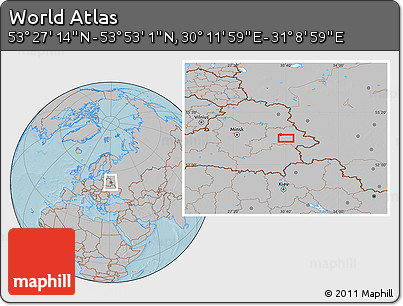 Gray Location Map of the Area around 53° 40' 8" N, 30° 40' 29" E, hill shading