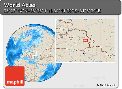 Shaded Relief Location Map of the Area around 53° 40' 8" N, 30° 40' 29" E