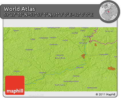 Physical 3D Map of the Area around 53° 40' 8" N, 31° 31' 29" E