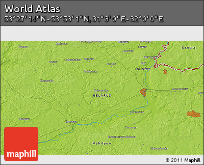 Physical 3D Map of the Area around 53° 40' 8" N, 31° 31' 29" E