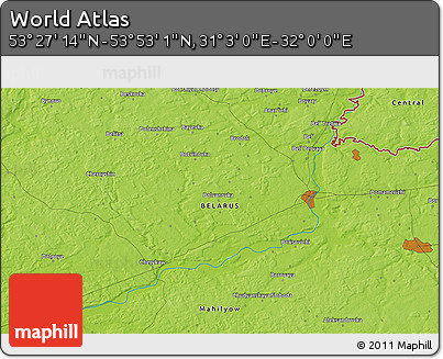 Physical 3D Map of the Area around 53° 40' 8" N, 31° 31' 29" E