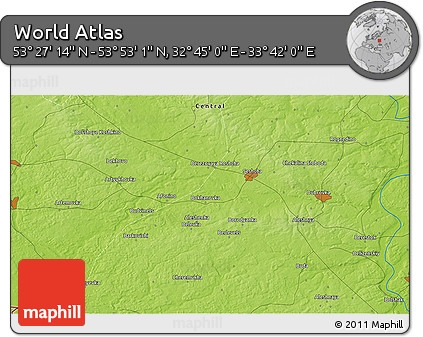 Physical 3D Map of the Area around 53° 40' 8" N, 33° 13' 30" E