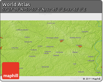 Physical 3D Map of the Area around 53° 40' 8" N, 33° 13' 30" E