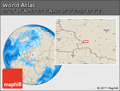 Shaded Relief Location Map of the Area around 53° 40' 8" N, 33° 13' 30" E