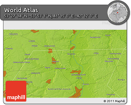 Physical 3D Map of the Area around 53° 40' 8" N, 41° 43' 30" E
