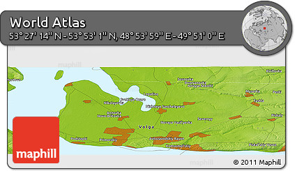 Physical Panoramic Map of the Area around 53° 40' 8" N, 49° 22' 30" E