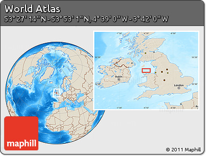 Shaded Relief Location Map of the Area around 53° 40' 8" N, 4° 10' 30" W