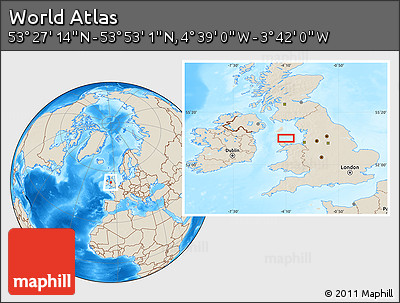 Shaded Relief Location Map of the Area around 53° 40' 8" N, 4° 10' 30" W