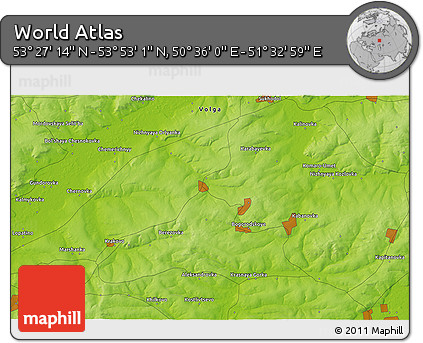 Physical 3D Map of the Area around 53° 40' 8" N, 51° 4' 30" E