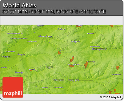 Physical 3D Map of the Area around 53° 40' 8" N, 51° 4' 30" E