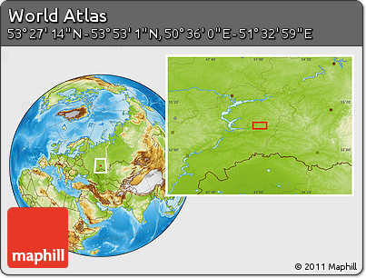Physical Location Map of the Area around 53° 40' 8" N, 51° 4' 30" E