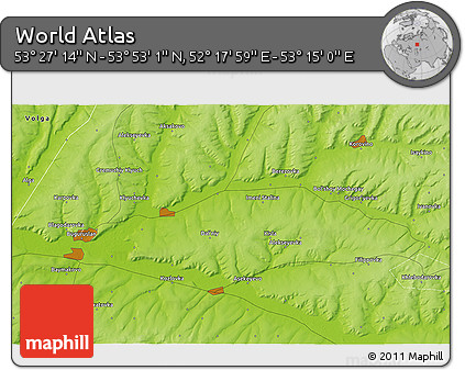 Physical 3D Map of the Area around 53° 40' 8" N, 52° 46' 29" E