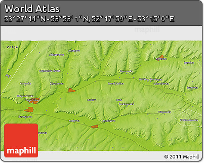 Physical 3D Map of the Area around 53° 40' 8" N, 52° 46' 29" E
