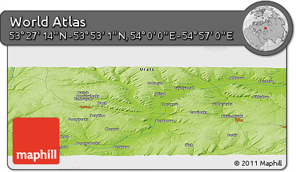 Physical Panoramic Map of the Area around 53° 40' 8" N, 54° 28' 30" E