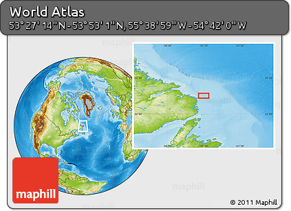 Physical Location Map of the Area around 53° 40' 8" N, 55° 10' 29" W