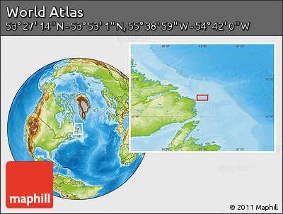 Physical Location Map of the Area around 53° 40' 8" N, 55° 10' 29" W