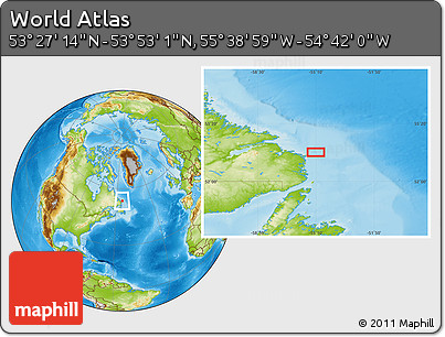 Physical Location Map of the Area around 53° 40' 8" N, 55° 10' 29" W