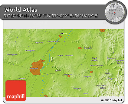 Physical 3D Map of the Area around 53° 40' 8" N, 56° 10' 29" E