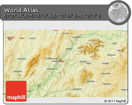 Physical 3D Map of the Area around 53° 40' 8" N, 57° 52' 30" E