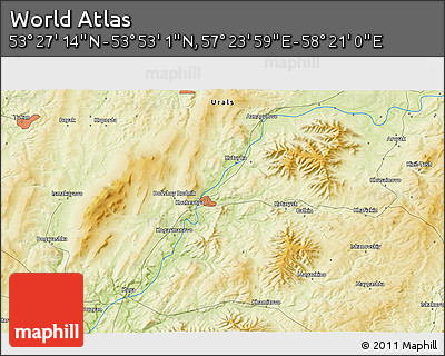 Physical 3D Map of the Area around 53° 40' 8" N, 57° 52' 30" E