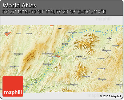 Physical 3D Map of the Area around 53° 40' 8" N, 57° 52' 30" E