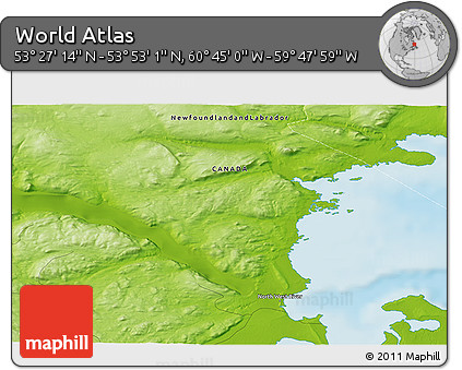 Physical 3D Map of the Area around 53° 40' 8" N, 60° 16' 29" W