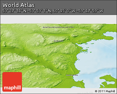 Physical 3D Map of the Area around 53° 40' 8" N, 60° 16' 29" W