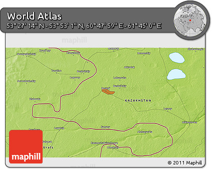 Physical 3D Map of the Area around 53° 40' 8" N, 61° 16' 29" E