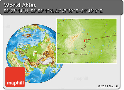 Physical Location Map of the Area around 53° 40' 8" N, 61° 16' 29" E