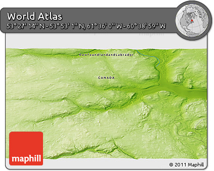 Physical 3D Map of the Area around 53° 40' 8" N, 61° 7' 30" W