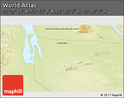 Physical 3D Map of the Area around 53° 40' 8" N, 66° 13' 29" W