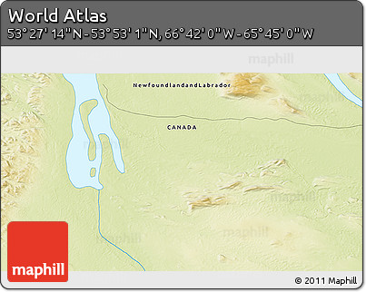 Physical 3D Map of the Area around 53° 40' 8" N, 66° 13' 29" W