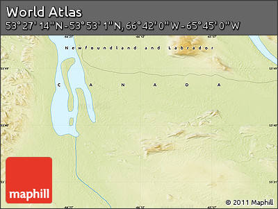 Physical Map of the Area around 53° 40' 8" N, 66° 13' 29" W