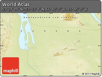 Physical Map of the Area around 53° 40' 8" N, 66° 13' 29" W