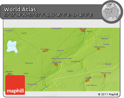 Physical 3D Map of the Area around 53° 40' 8" N, 67° 13' 29" E