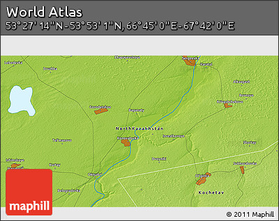 Physical 3D Map of the Area around 53° 40' 8" N, 67° 13' 29" E