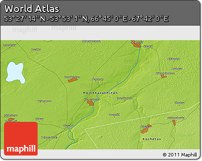 Physical 3D Map of the Area around 53° 40' 8" N, 67° 13' 29" E